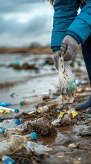 A person bending down to pick up trash on a sandy beach, surrounded by litter and debris