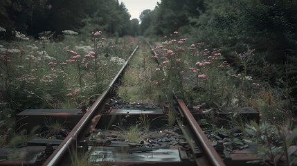 Naklejka premium A train track is covered in weeds and flowers