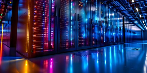 Exploring the Intricacies of a Data Center: Rows of Servers and LED Lights. Concept Technology, Data Center, Servers, LED Lights, Infrastructure