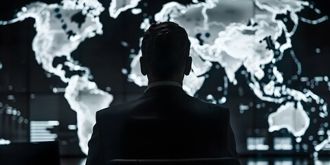 Politician in room monitors global events on world maps. Concept Politics, Global Events, Monitoring, World Maps, Room Control
