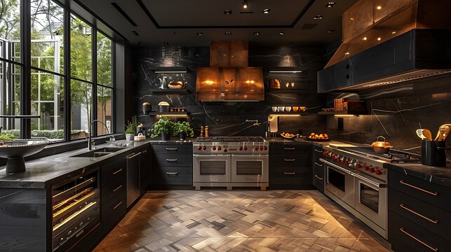dark luxurious kitchen with modern fixtures and premium finishes creating a sleek and elegant culinary environment