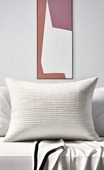 white decorative pillow mockup, main product image, polyester woven pillow, pillow isolated in front of white wall on white background, bedding for home,