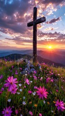 A wooden cross stands on top of a lush green hillside