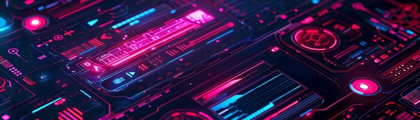 Obraz premium Close-up of a futuristic circuit board with neon lights in pink and blue hues, showcasing modern technology and innovation in electronic design.