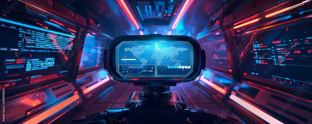 Poster futuristic spaceship control room with advanced holographic displays and neon lights, showcasing a h
