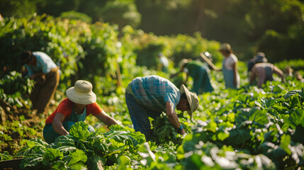 Three men are working in a field of green plants