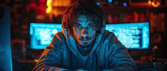 Hacking scene, cyber criminal in hood, neon blue light casting shadows, wideangle of cluttered workspace