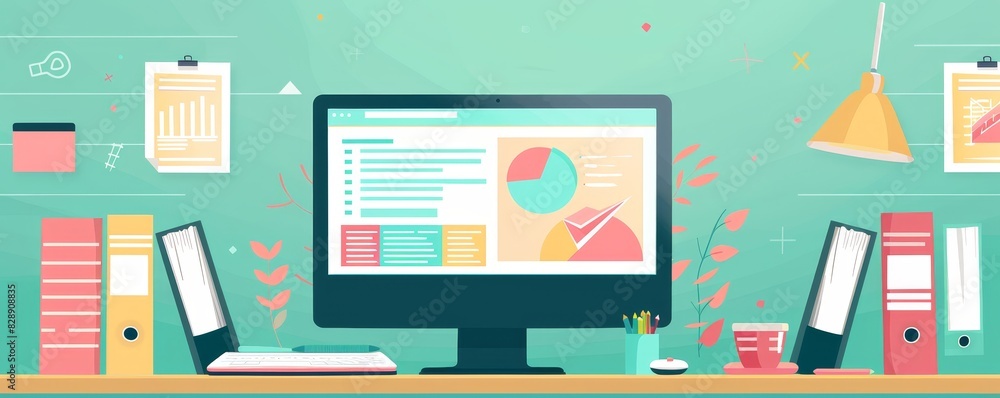 Poster modern office workspace with computer, documents, and charts displaying data analysis in a stylish, 