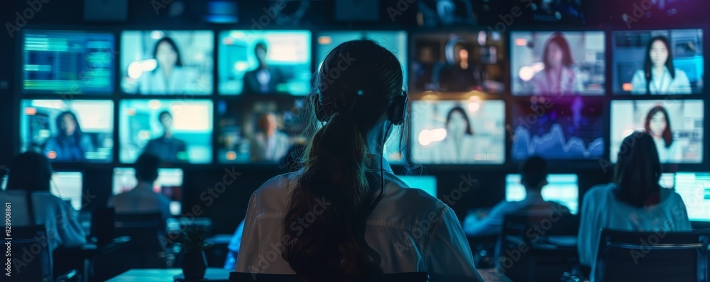 Poster people working in a control room surrounded by multiple screens displaying various multimedia conten