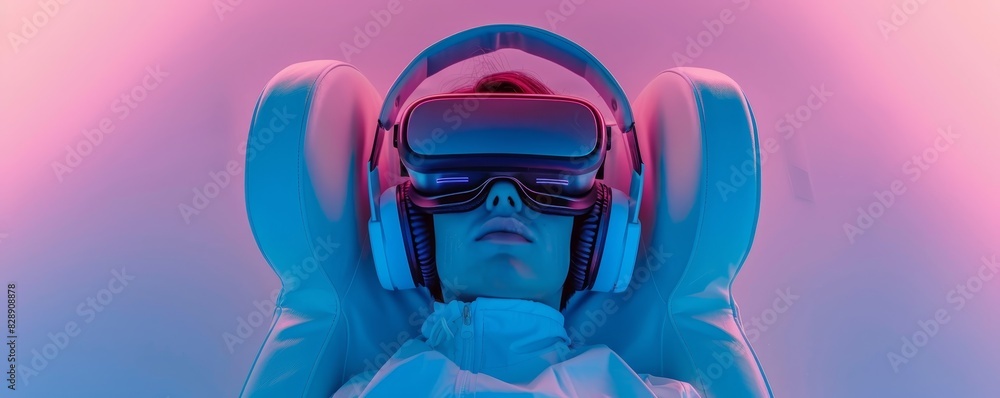 Poster person using virtual reality headset in futuristic setting with colorful lighting. immersive technol
