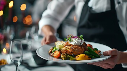 service, plate, carrying, horizontal, indoors, one person, photography, working, people, restaurant, waiter, close-up, adult, food and drink, gourmet, human hand, adults only, cooking, fine dining, fo
