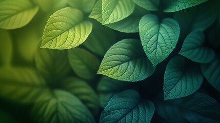 Fototapeta premium Vibrant green leaves with intricate vein patterns, softly illuminated, creating a lush, tranquil scene