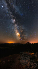 Milky Way Galaxy Over Forests in Granadilla, Extremadura, Stunning Night Sky Landscape with Stars, Perfect for Star Gazing and Astrophotography Lovers, Dark and Scenic Summer Night Sky
