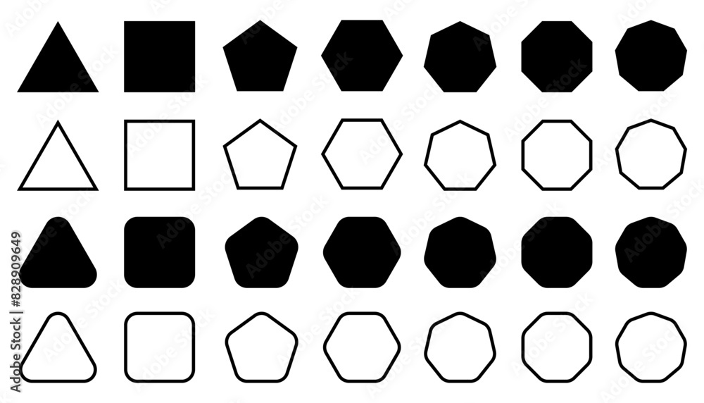 Aufkleber Geometric shapes set with rounded corners, triangle square pentagon hexagon heptagon octagon, sharp and slightly rounded version