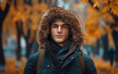 A young man in a warm parka with the hood pulled up is walking in a park during autumn