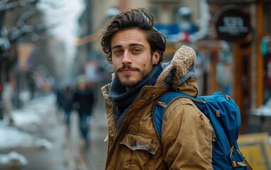 Obraz premium A young man wearing a warm jacket and carrying a backpack walks along a bustling city street