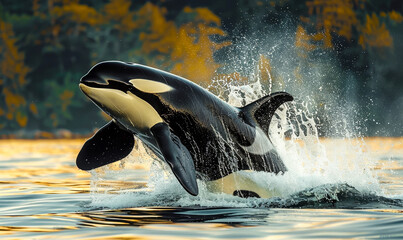 Obraz premium Majestic Bigg's Orca Whale Breaching in Vancouver Island Sunset Waters - Wildlife Photography in Serene Evening Sea
