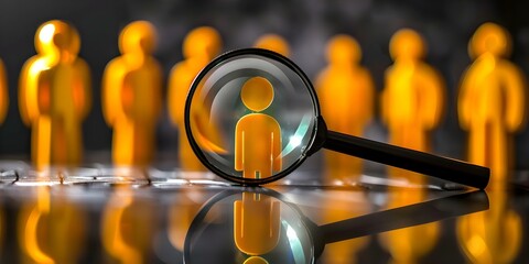 Visual of HR process using magnifying glass to find ideal job candidate. Concept Recruitment, Talent Acquisition, HR Technology, Candidate Search, Ideal Job Candidate