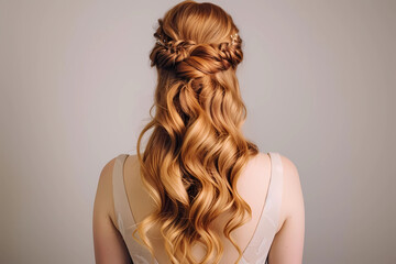 Fototapeta premium Half-Up Half-Down - A versatile style that combines elements of an updo and leaving the hair down, creating a flattering and effortless appearance with the hair partially pulled back and secured 