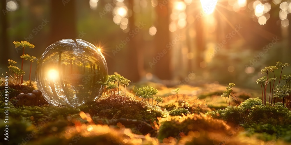 Poster green globe in forest with moss and defocused sunlight centered copy space selective focus. concept 