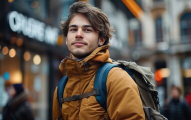 Fototapeta premium A young man with a backpack walking along a busy city street