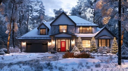photo of an elegant two story home with red door and garage in the woods, winter snow covered landscape, daytime, cinematic lighting, ultra realistic - Powered by Adobe