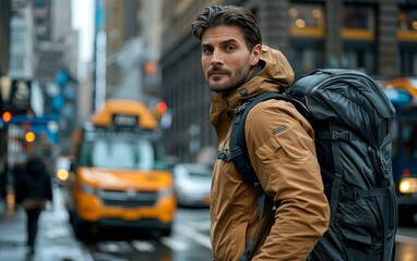 Fototapeta premium A young man with a backpack on his back walking along a bustling city street