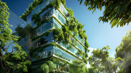 A tall building covered in green plants and trees - Powered by Adobe