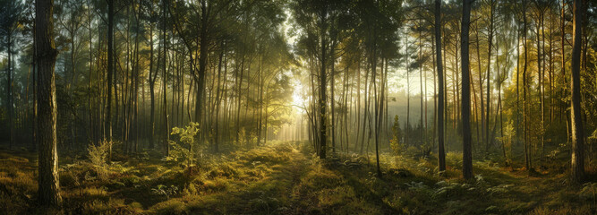 Obraz premium A forest with trees and a sun shining through the trees