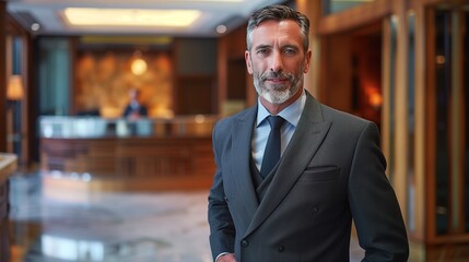 Naklejka premium Businessman Reception: Professional Check-In Experience