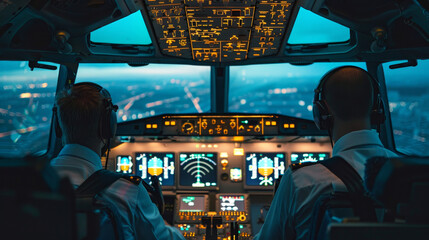 Fototapeta premium Two pilots are in the cockpit of an airplane