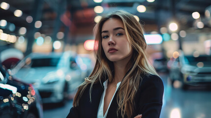 A woman stands in front of a row of cars, looking at the camera