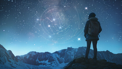 Zodiac wheel and photo of woman in mountains under starry sky. Banner design