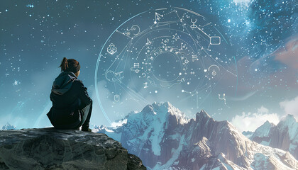 Zodiac wheel and photo of woman in mountains under starry sky. Banner design