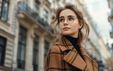 Obraz premium Young woman wearing glasses standing in front of a building, looking straight ahead