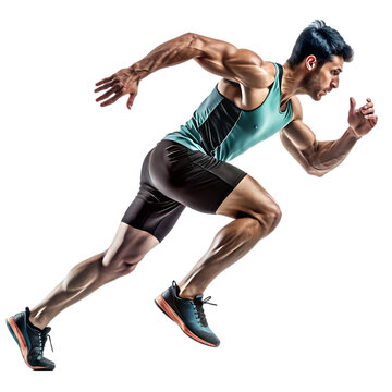 Young male athlete running isolated on transparent background