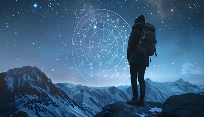 Zodiac wheel and photo of woman in mountains under starry sky. Banner design