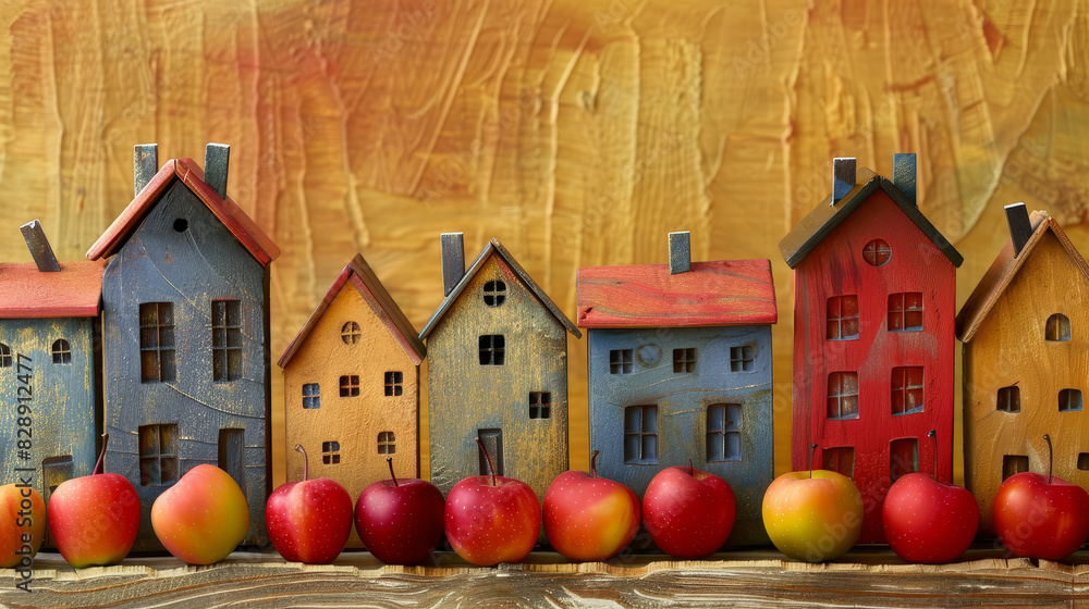Poster a row of small houses with apples in front of them