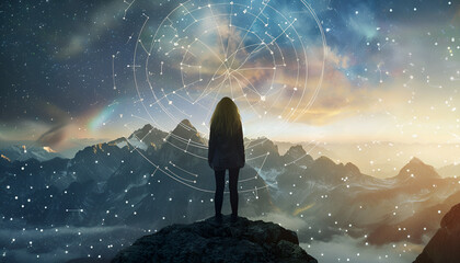 Zodiac wheel and photo of woman in mountains under starry sky. Banner design