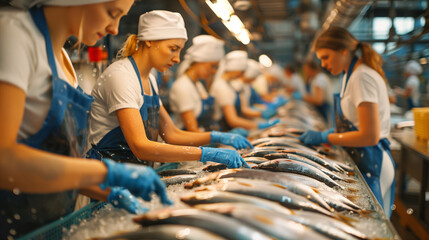 workers at work in seafood factory