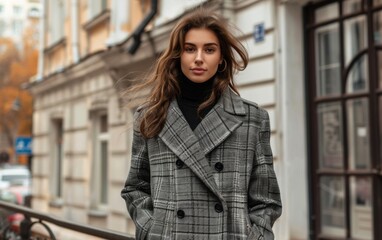 Fototapeta premium A young woman in a gray coat standing on a sidewalk in front of a building in the city