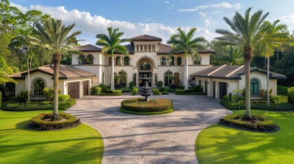 photo of beautiful home in florida with palm trees and large driveway, front view