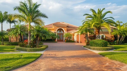 photo of beautiful home in florida with palm trees and large driveway, front view