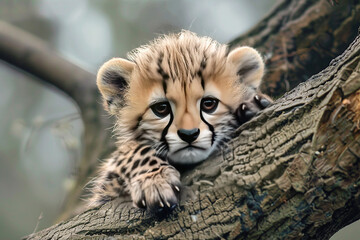 close up horizontal image of a cute baby cheetah relaxing on a wooden branch