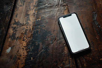 close up image of a blank screen smartphone over a worn wooden table, mockup space