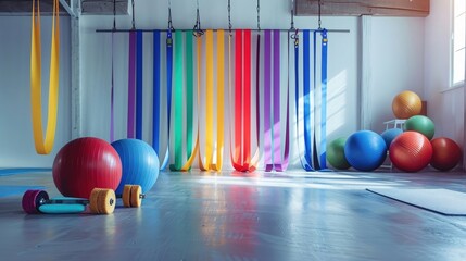 A fitness studio with a variety of resistance bands and tubes, with a few scattered exercise balls and foam rollers, ready for a challenging functional training workout in a minimalist setting.