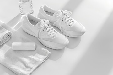 A pair of white running shoes a water bottle and a towel neatly arranged on a plain background an active lifestyle
