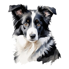 Fototapeta premium Black and White Young Collie Dog Puppy Hand Drawn Watercolor Painting Illustration