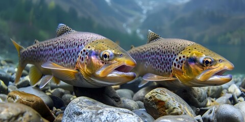 Fototapeta premium Closeup underwater scene of two trouts swimming in a mountain river. Concept Underwater Wildlife, Freshwater Fish, Mountain Stream, Close-up Photography, Nature Scene