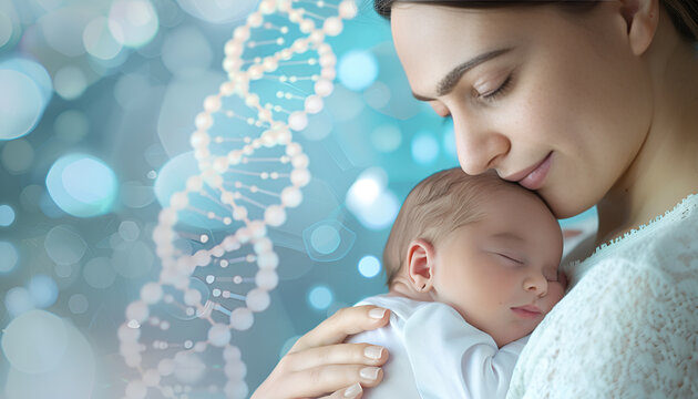 Noninvasive prenatal testing (NIPT). Woman holding sleeping baby on light blue background, closeup